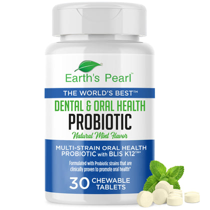 Earth's Pearl Dental Probiotic with BLIS K12 - Oral Probiotics for Oral Health with Mint Flavor - 30-Day Supply of Dental Probiotics for Bad Breath and Dental Health - Children and Adult Oral Care