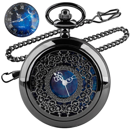 Tiong Exquise Starry Blue Hollow Case Quartz Pocket Watch Roman Numerals Retro Watches Souvenir Gift for Men Women