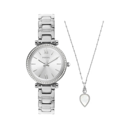 Fossil Women's Carlie Mini Quartz Stainless Steel Three-Hand Watch and Necklace Gift Set, Color: Silver (Model: ES5250SET)
