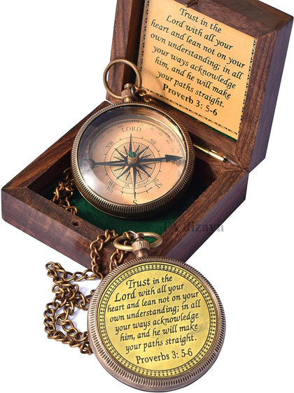 Trust in The Lord with All Your Heart -Proverbs 3: 5-6 Quote Engraved Compass with Wooden Box, Greeting Card, Gift Compass, Graduation Day Gifts-Graduation Gifts 2024 Compass for Women Mens Boy Girls