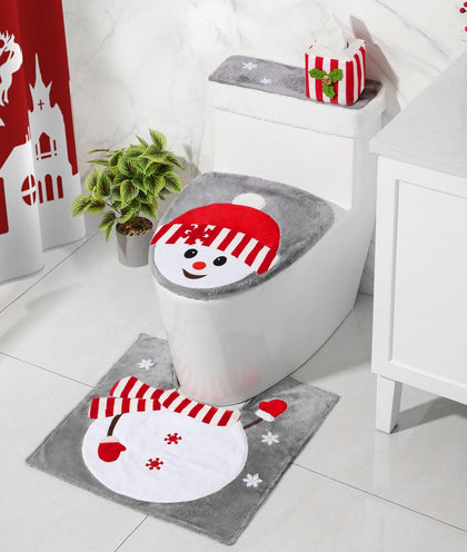 Luxspire Christmas Toilet Seat Cover and Rug Set of 4, Christmas Bathroom Decoration Set, Snowman Toilet Lid Cover, Toilet Rug, Toilet Tank Lid Cover, Tissue Box Cover, Home Decor