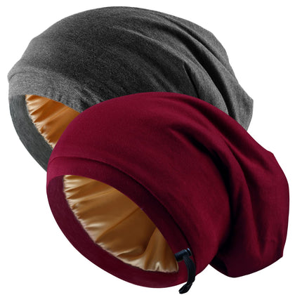 2 Pcs Adjustable Silk Satin Bonnet Hair Wrap for Sleeping - Silk Lined Slouchy with Adjustable Strap - Night Caps for Women and Men with Curly Hair - Head Scarf