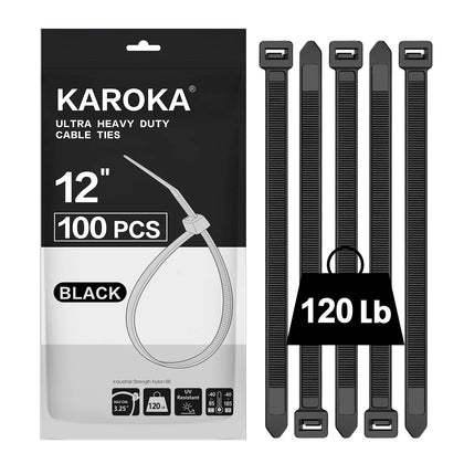 Zip Ties 12 inch Heavy Duty Zip Ties with 120 Pounds Tensile Strength, Black Cable Ties, 100 Pieces,by Karoka