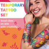 SUSIKEKI Temporary Tattoo Markers for Skin, 15 Colors Tattoo Pen + 50 Paint Stencils + 43 Tattoos Stickers, Glitter & Matte & Neon Glow Body Marker Set, Removable Fake Tattoos Kit for Teens and Adult