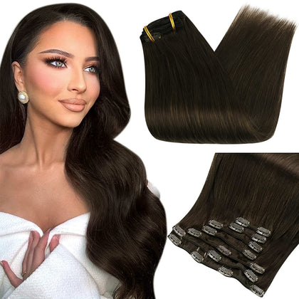 Full Shine Hair Extensions Real Human Hair Clip in Extensions Remy Hair Brown Extensions Dark Brown Clip in Hair Extensions Double Weft Clip Ins Invisible Hair 7 Pieces 120 Gram 20 Inch