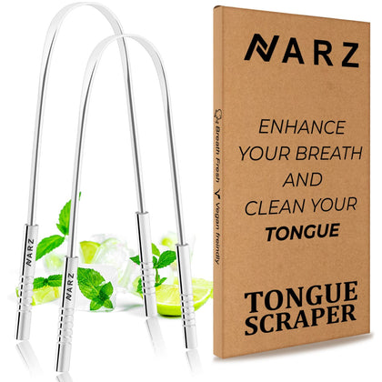 NARZ Tongue Scraper 2 Pack Professional Tongue Cleaner Reusable Stainless Steel Tongue Scrapers with Dual Carved Handle for Adults, Kids