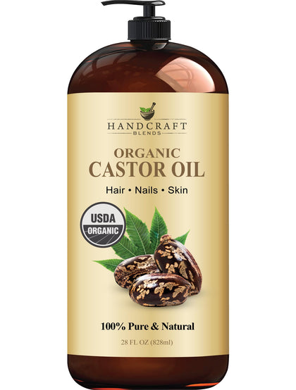 Handcraft Blends Organic Castor Oil for Hair Growth, Eyelashes and Eyebrows - 100% Pure and Natural Carrier Oil, Hair Oil and Body Oil - Moisturizing Massage Oil for Aromatherapy - 28 fl. Oz