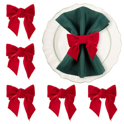 Christmas Napkin Rings- Red Bow Xmas Napkin Holder Rings Chic Velvet Napkin Buckle for Holiday Birthday Party Anniversary Dinner Wedding Dining Table Decoration (Set of 6)