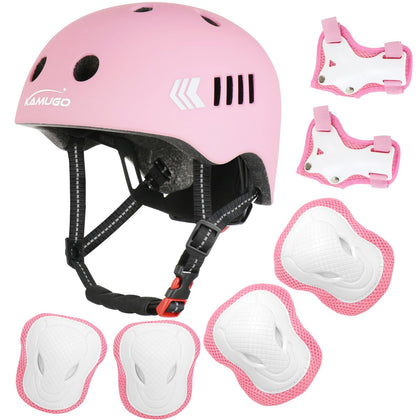 KAMUGO Kids Bike Helmet, Toddler Helmet for Ages 2-8 Boys Girls with Sports Protective Gear Set Knee Elbow Wrist Pads for Skateboard Cycling Scooter Rollerblading (Pink)