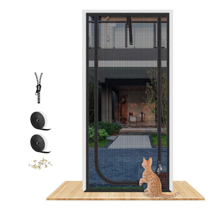 QWR Reinforced Cat Screen Door,Fits Door Size 36''x 81'',Thickened Cat Resistant Mesh Screen Door for Living Room,Kitchen,Bedroom,Cat Proof Screen with Zipper Closure(U-Type,Black)