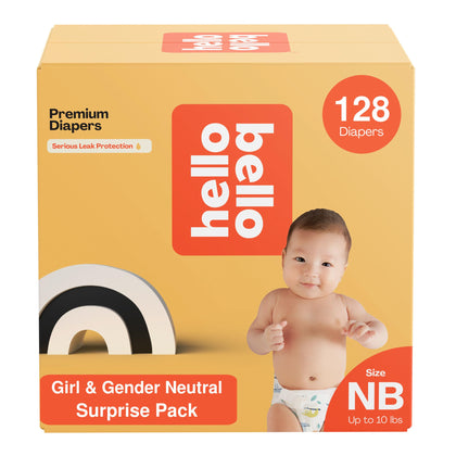 Hello Bello Diapers, Size NB (Up to 10 lbs) Surprise Pack for Girls - 128 Count of Premium Disposable Baby Diapers, Hypoallergenic with Soft, Cloth-Like Feel - Assorted Girl & Gender Neutral Patterns