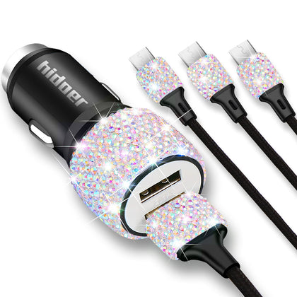 Hidoer Bling USB Car Charger 5V/2.4A Multicolor Crystal Decoration Dual Port Fast Adapter with 4ft Nylon Type C 3-in-1 Multi Charging Cable for iPhone iPad Android, Car Interior Accessories for Women