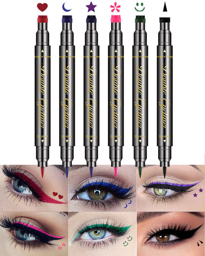 Jutqut 6Pcs Double-head Liquid Stamp Eyeliner, Colored 6 in 1 Stars Flowers Hearts Moon Smiley Face Triangle Stamps Makeup Stamp Set, Waterproof Slim Gel Felt Tip Liquid Eyeliner Colorful Set Wingliner Shapes