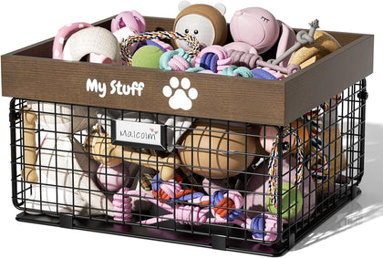 qeerable Dog Toy Baskets Metal and Wood Dog Toy Bin Storage Cat and Puppy Toy Bin Organizer for Puppy Leash, Blanket, Treats, Food, Accessories - Container Baskets for Dogs Farmhouse Home Decor