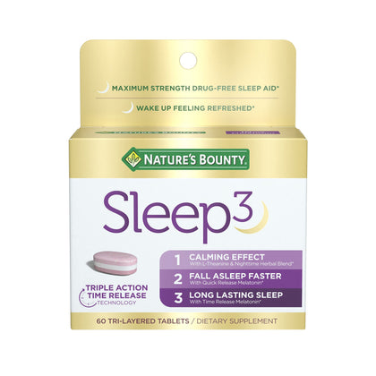 Nature's Bounty Sleep3 Melatonin 10mg, Maximum Strength 100% Drug Free Sleep Aid, Dietary Supplement, L-Theanine & Nighttime Herbal Blend Time Release Technology, 60 Tri-Layered Tablets