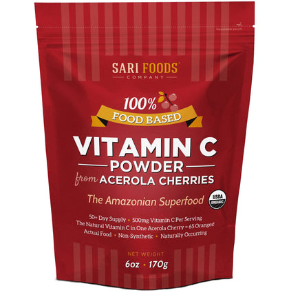Sari Foods Co Organic Acerola Cherry Powder - Natural Vitamin C Complex Powder - Plant Based, Non-Synthetic Nutrition. Natures Daily Whole Food, Antioxidants and Bioflavonoids, 6 Ounce