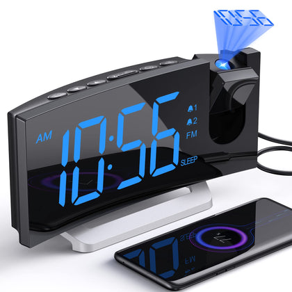 Projection Alarm Clock with FM Radio, USB Charging Port, 0-100% Dimmer, Dual Alarms, HD LED Display, 30 Preset Stations, Sleep Timer, 5 Alarm Sounds, Snooze, Curved Screen, Digital Clock for Bedroom