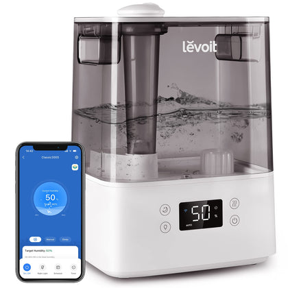 LEVOIT Humidifiers for Bedroom Large Room Home, (6L) Cool Mist Top Fill Essential Oil Diffuser for Baby & Plants, Smart App & Voice Control, Rapid Humidification & Auto Mode - Quiet Sleep Mode, Gray
