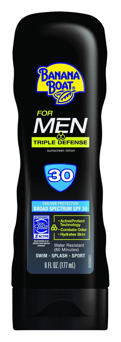 Banana Boat Sunscreen for Men Triple Defense Broad Spectrum Sun Care Sunscreen Lotion - SPF 30, 6 Ounce