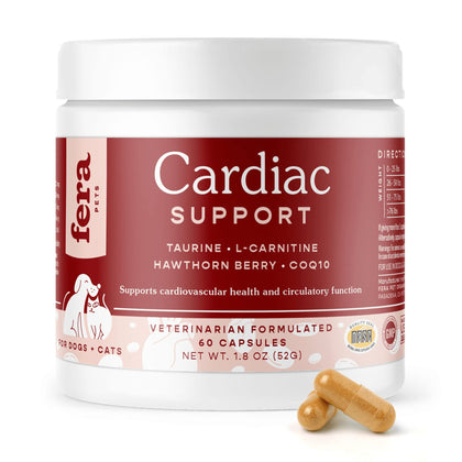 Fera Pets Cardiac Support Supplement for Dogs and Cats, Improves Blood Flow, Energy - with Taurine, CoQ10, Organic Hawthorn Berry, Supports Cardiovascular Heart Health - 60 Capsules