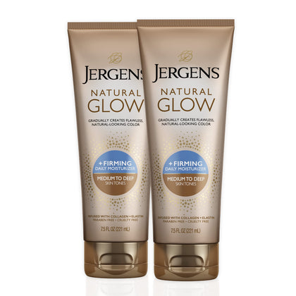 Jergens Natural Glow +FIRMING Self Tanner Body Lotion, Medium to Tan Skin Tone, Sunless Tanning Moisturizer, featuring Collagen and Elastin, Helps to Visibly Reduce Cellulite, 7.5 Fl Oz (Pack of 2)