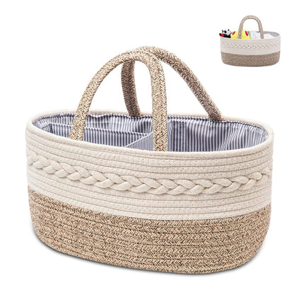 YEONHWA Baby Diaper Caddy Organizer, Woven Rope Cotton Nursery Storage Basket, Portable Handle With Large Changing Compartment Bins, Cream Beige