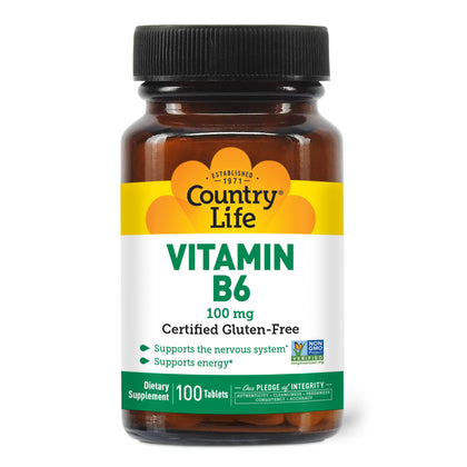 Country Life Vitamin B-6, Supports Energy and The Nervous System, 100mg, 100 Vegan Capsules, Certified Gluten Free, Certified Vegan, Certified Halal, Non-GMO Verified