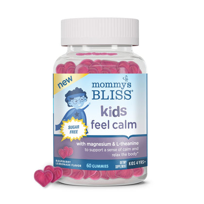 Mommy's Bliss Kids Feel Calm Gummies, Support a Sense of Calm and Relax The Body, Made with Magnesium, L-theanine, Sugar Free Raspberry Lemonade Flavor, Age 4+, 60 Gummies