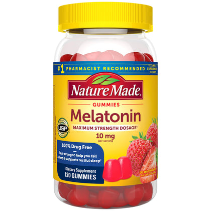 Nature Made Melatonin 10mg per serving Gummies, Maximum Strength Dosage, 100% Drug Free Sleep Aid for Adults, 120 Melatonin Gummies, 60 Day Supply