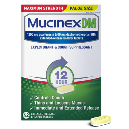 Mucinex DM 12Hr 1200mg Maximum Strength Cough Medicine For Adults, Cold And Flu Medicine for Mucus Relief, Guaifenesin & Dextromethorphan Decongestant for Adults, Dr Recommended, 42ct Tablets