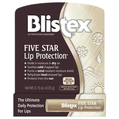 Blistex Five Star Lip Protection Balm, 0.15 Ounce - Wind & Water-Resistant Lip Care, Broad Spectrum SPF 30 Sun Protection, Soothes Cold Chapped Lips, Hydrating Lip Treatment, Holds in Moisture