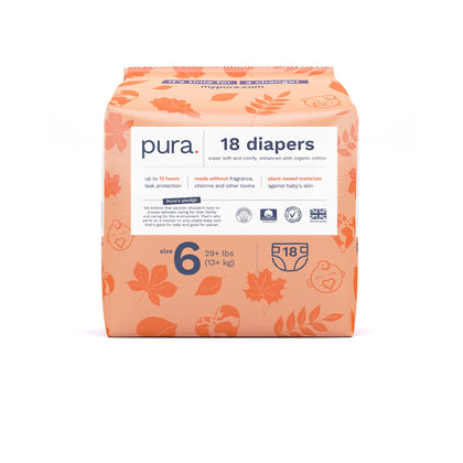 Pura Size 6 Eco-Friendly Diapers, Totally Chlorine Free, Hypoallergenic, Soft Organic Cotton, Sustainable, up to 12 Hours Leak Protection, Allergy UK, 1 Pack of 18 Diapers
