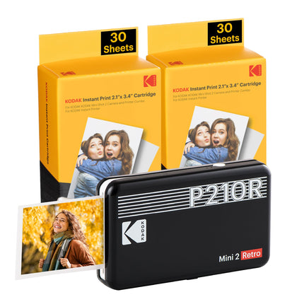 KODAK Mini 2 Retro 4PASS Portable Photo Printer (2.1x3.4 inches) + 68 Sheets Bundle, Black