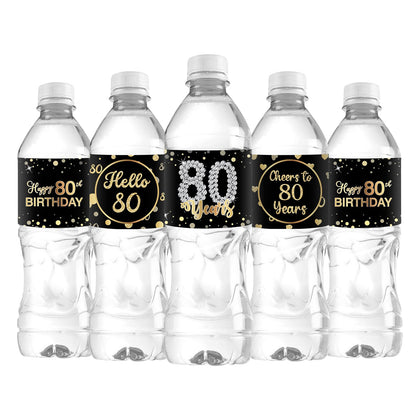 33Pcs Happy 80th Birthday Water Bottle Labels Cheers to 80 Years Stickers for 80th Wedding Anniversary Party Labels Sign Black