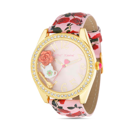 Betsey Johnson Women's Watch Gold Plated Alloy Case Pink Red Flower Band Floating Rose Charms (BJW139)