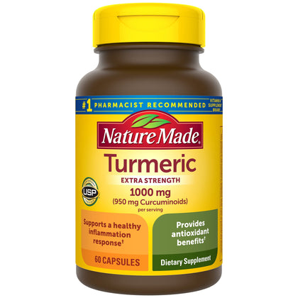 Nature Made Extra Strength Turmeric Curcumin with Black Pepper, 1000mg extract (950mg Curcuminoids) per serving, Supports Healthy Inflammation Response, 60 Vegetarian Capsules, 30 Day Supply