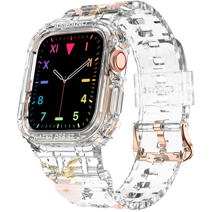amBand Compatible for Apple Watch Clear Band 38mm 40mm 41mm with Case, Women Cute Girl Crystal Durable Sport Transparent Protective for iWatch Series 9/8/7/6/5/4/3/2/1 SE, Wild Flower