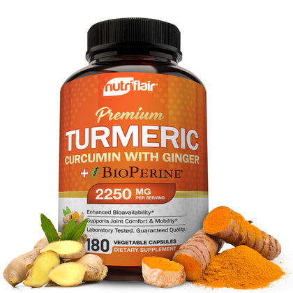 NutriFlair Turmeric Curcumin with Ginger and BioPerine Black Pepper Supplements, 180 Capsules - 95% Curcuminoids - Joint Support, Antioxidant, Anti Aging - Natural, Non-GMO, Vegan Best Maximum Potency