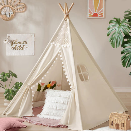 Tiny Land Teepee Tent for Kids Indoor, Canvas Toddler - Girls & Boys, Washable Tipi Boho Fodable Play