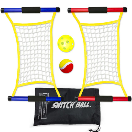 Switch Ball Game Set with 2 Launch Mesh Nets and 2 Balls, 1 Tennis & 1 Pickle Ball - Lightweight and Durable Fun Toy for Kids Teens Families - Indoors and Outdoors
