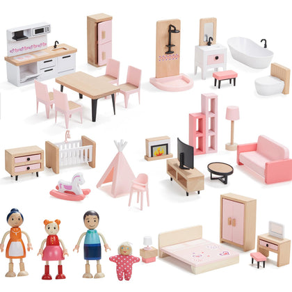 Giant bean Wooden Dollhouse Furniture Set, 36pcs Furnitures with 4 Family Dolls, Dollhouse Accessories Pretend Play Furniture Toys for Boys Girls & Toddlers 3Y+, Pink