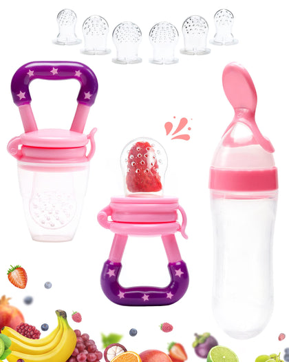 Gedebey Baby Fruit Feeder Pacifier - 3 Pack | 2 Silicone Baby Feeder Pacifiers & 1 Baby Food Spoon Dispenser | Frozen Fruit Teether | Forage Feeder | Food Pacifier for Babies (Pink)
