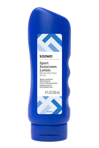 Amazon Brand - Solimo Sport Sunscreen Lotion, SPF 50, Formulated without Octinoxate & Oxybenzone, Broad Spectrum UVA/UVB Protection, Unscented, 8 Fluid Ounce
