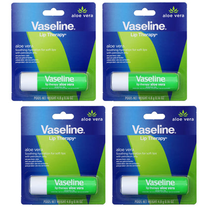 Vaseline Lip Therapy Care Aloe Fresh, Fast-Acting Nourishment, Ideal for Chapped, Dry, Cracked, or Damaged Lips, Lip Balm, 4-Pack, 0.16 Oz Each