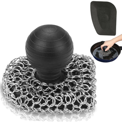 Cast Iron Scrubber with Pan Scraper, 316 Chainmail Scrubber, Upgraded Chain Mail Scrubber Sponge, Cast Iron Cleaner for Grill Pan Skillet Wok Carbon Steel, Dutch Oven Metal Brush Cleaning Kit, Black