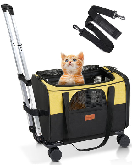 Morpilot Cat Carrier with Wheels Airline Approved, Pet Dog Carrier with Wheels for Small Dogs, Rolling Cat Carrier for Large Cats Puppy Stroller Detachable and Foldable Pet Travel Bag Black&Yellow
