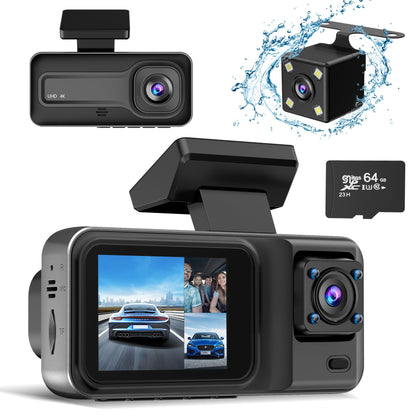 3 Channel 4K Dash Cam, Dash Camera for Cars with Free 64GB SD Card, 4K+1080P+1440P Dash Cam Front and Rear Inside, Super Night Vision, Loop Recording, G-Sensor, Motion Detection, 24 Hours Parking Mode