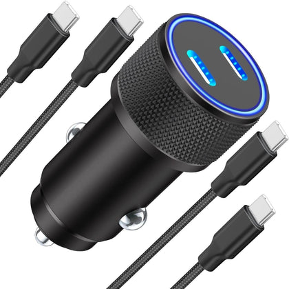 [MFi Certified] iPhone 15 Car Charger Fast Charging, All Metal 60W Dual USB C Car Charger Cigarette Lighter with 2 Pack USB C Car Charger Cord for iPhone 15/15 Pro/15 Pro Max/15 Plus/iPad Pro