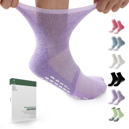 Bulinlulu Diabetic Socks with Grippers for Women&Men-6 Pairs Bamboo Non Binding Diabetic Ankle Socks Size 6-9|9-11,Wide Loose Socks with Seamless Toe(Large,Bright Colors-6 Pairs)