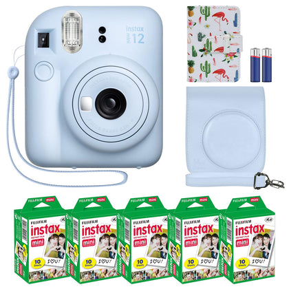 Fujifilm Instax Mini 12 Instant Camera Pastel Blue + MiniMate Accessory Bundle & Compatible Custom Case + Fuji Instax Film Value Pack (50 Sheets) Flamingo Designer Photo Album